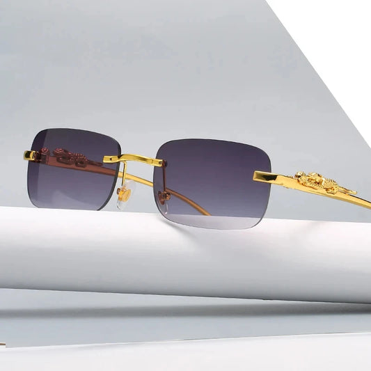 Nuevas gafas de sol rectangulares sin montura con cabeza de leopardo de Metal Vintage, gafas tintadas sin marco a la moda para mujeres y hombres