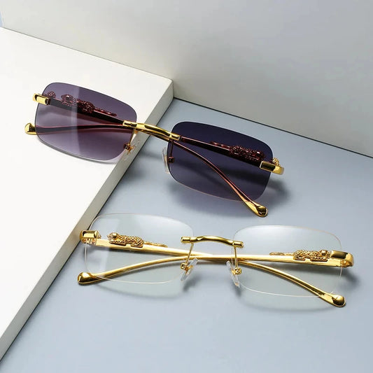 Nuevas gafas de sol rectangulares sin montura con cabeza de leopardo de Metal Vintage, gafas tintadas sin marco a la moda para mujeres y hombres